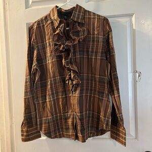 Lauren Ralph Lauren Brown Plaid Ruffle Button-Down Top